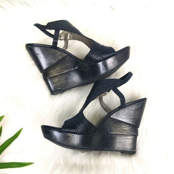 Diane Von Furstenberg DVF Wooden Platform Wedge Sandals 6.5 Black Sculpted - Picture 3 of 8